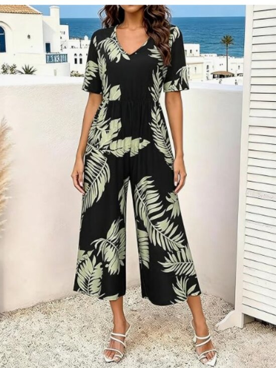 UUE Pants - Tropical Palm Leaf Short Sleeve V Neck Elastic Waist Wide Leg Cropped Jumpsuit